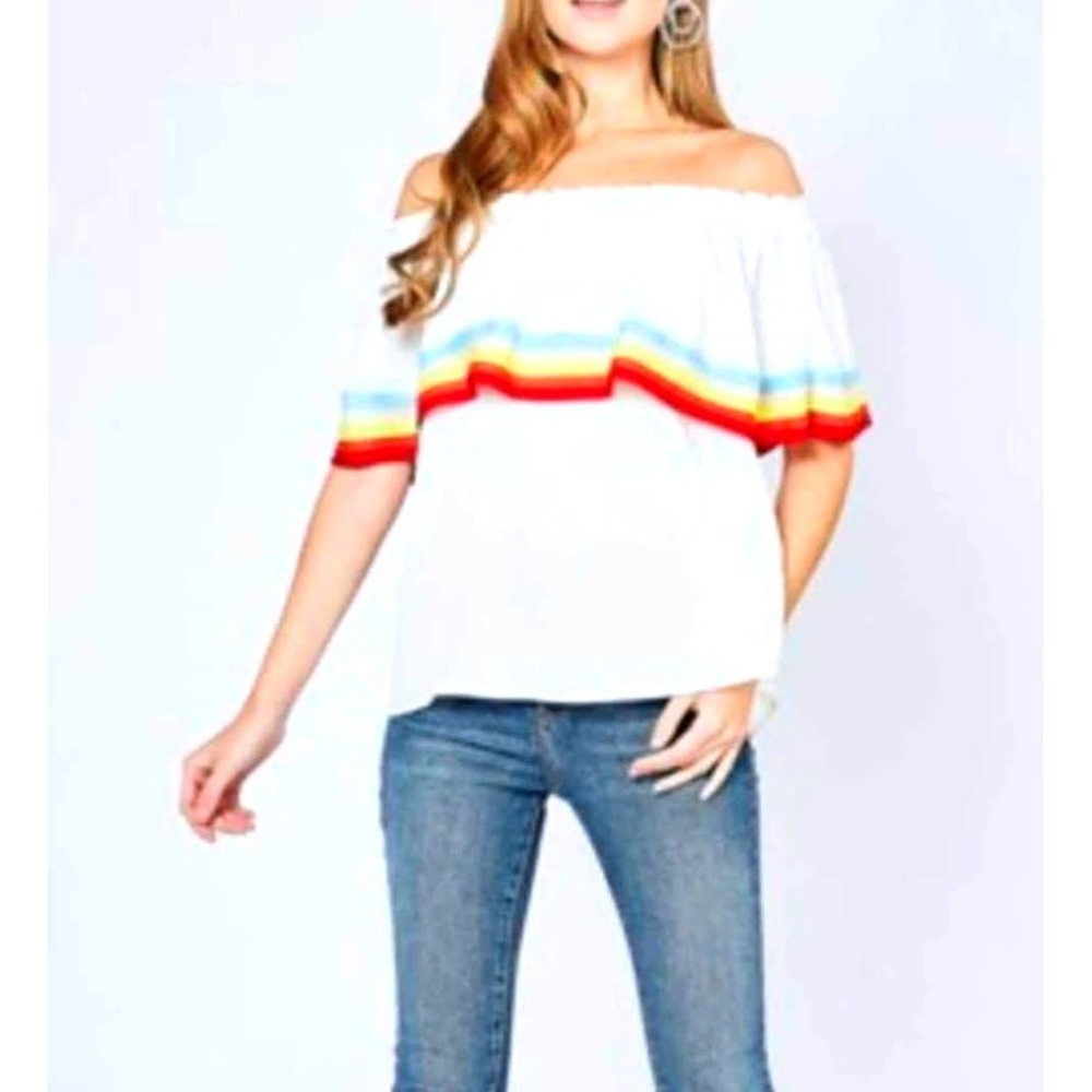 Entro~Women's White Rainbow Striped Ruffle Off Shoulder Overlay Blouse Top/Small